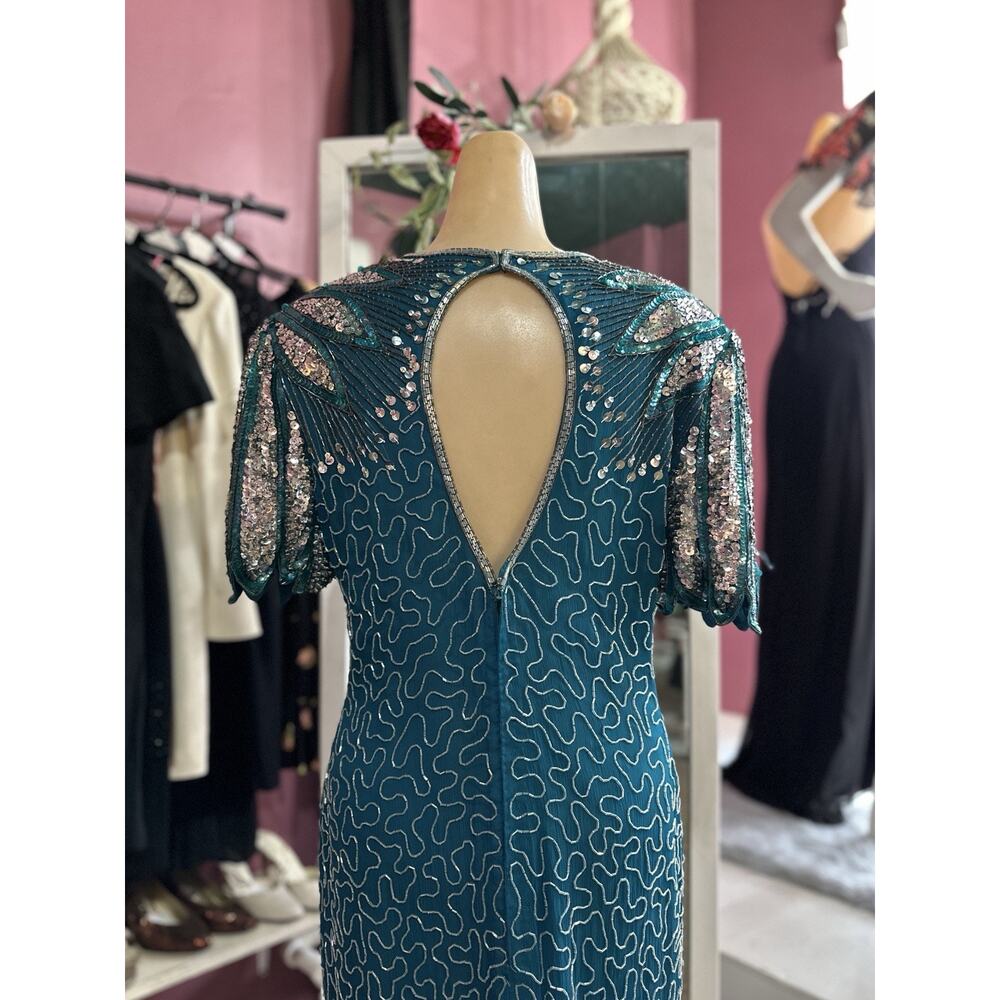 Vintage 80s Beaded Mini Dress Green Silver Open Back Cocktail Evening S/M - Picture 8 of 9